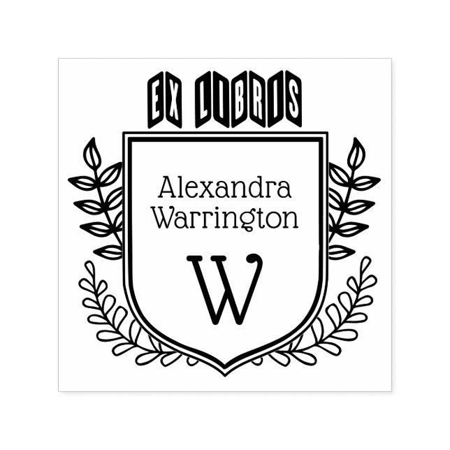 Botanical Crest Zigzag Ex Libris Book Name Initial Self-inking Stamp (Design)