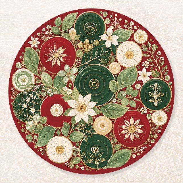 Botanical Crimson Wreath Round Paper Coaster (Front)