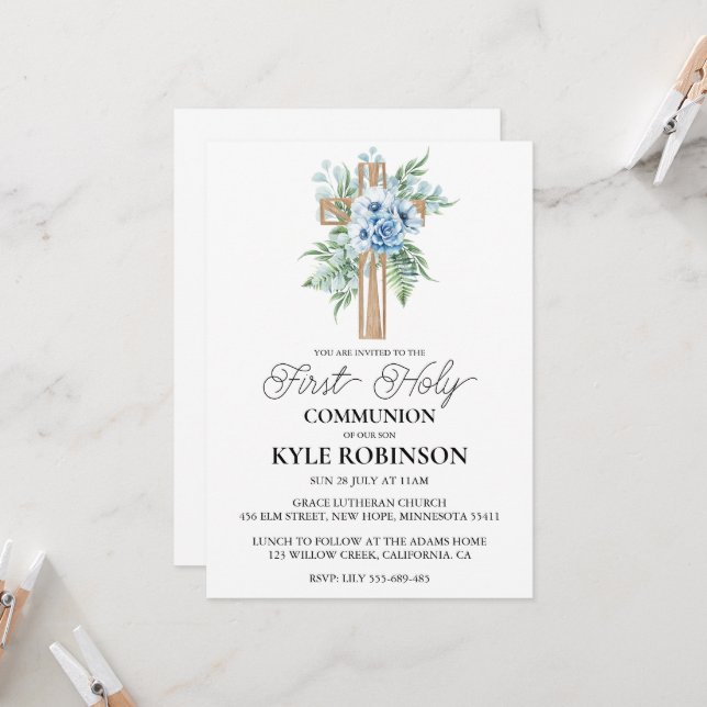 botanical cross first communion invitations (Front/Back In Situ)