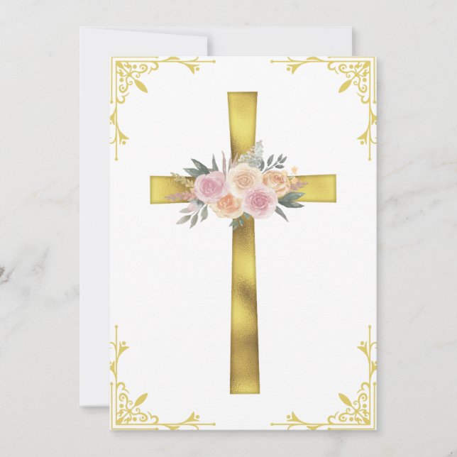 botanical cross first communion invitations (Front)