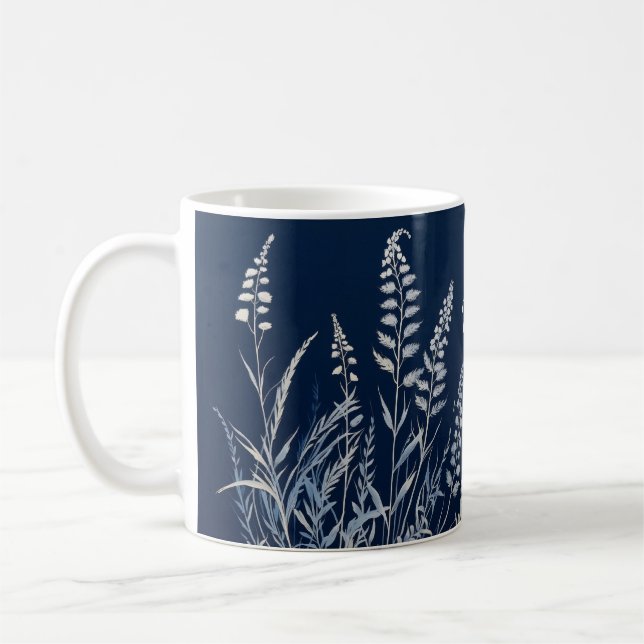 Botanical Cyanotype Blue White Personalized Coffee Mug (Left)