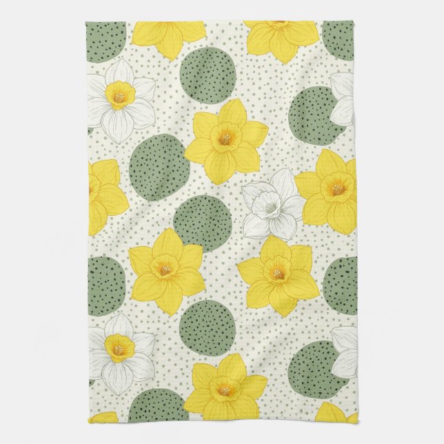 Botanical Daffodil Floral Geometric Pattern (1) Kitchen Towel (Vertical)