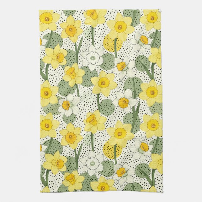 Botanical Daffodil Floral Geometric Pattern (3) Kitchen Towel (Vertical)