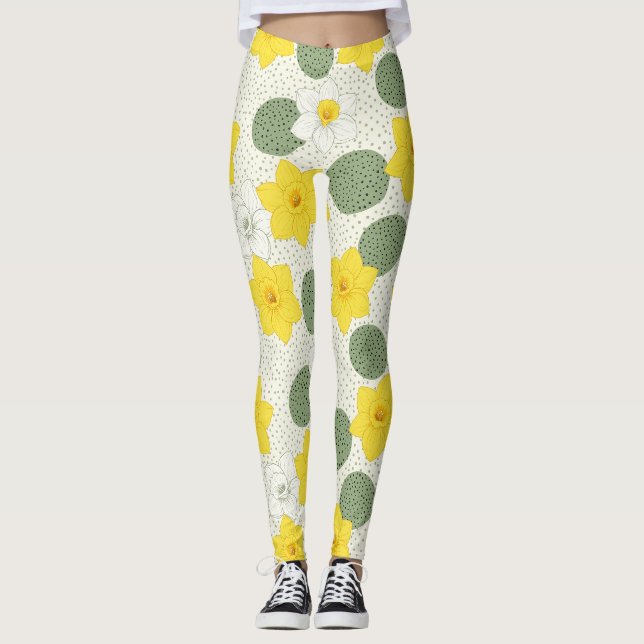 Botanical Daffodil Floral Geometric Pattern Leggings (Front)
