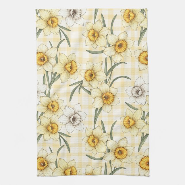 Botanical Daffodil Plaid Pattern (1) Kitchen Towel (Vertical)