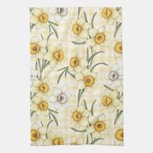 Botanical Daffodil Plaid Pattern Kitchen Towel