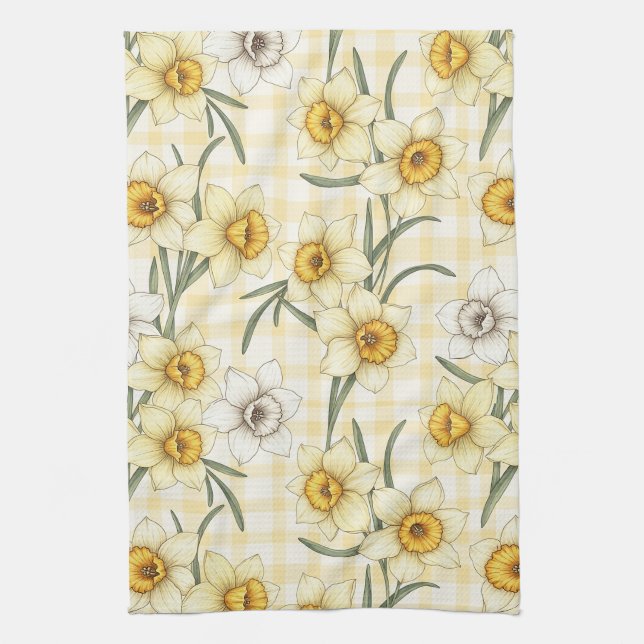 Botanical Daffodil Plaid Pattern Kitchen Towel (Vertical)
