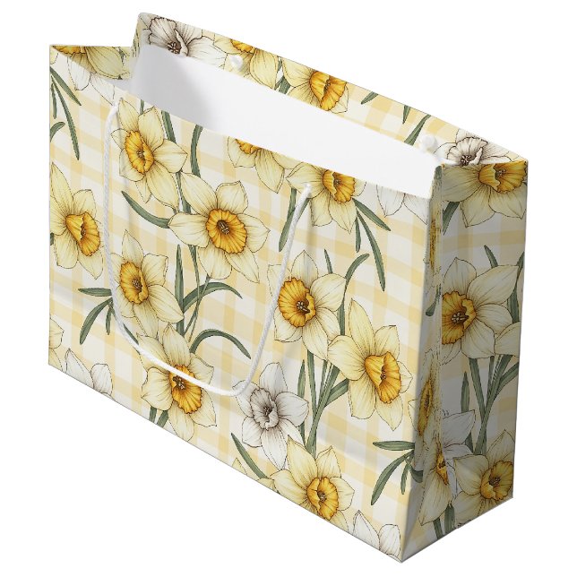 Botanical Daffodil Plaid Pattern Large Gift Bag (Front Angled)