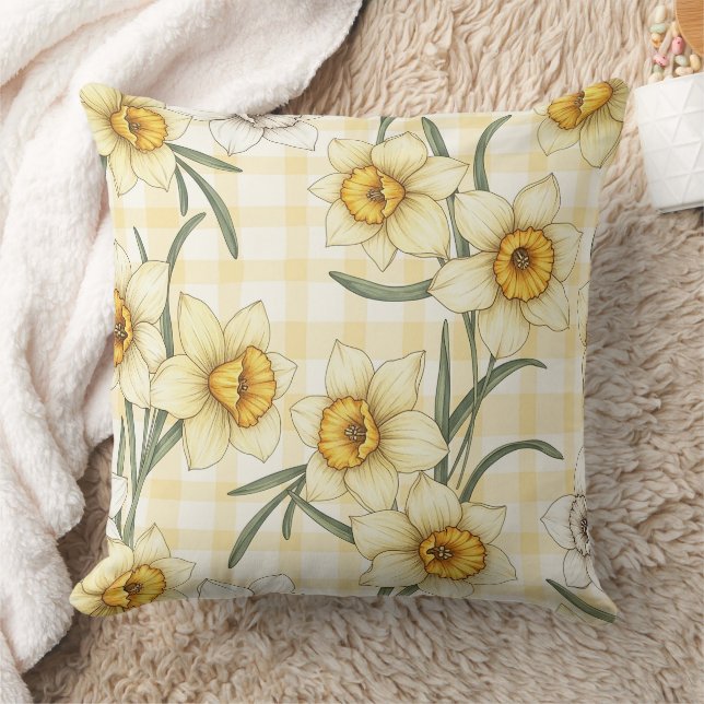 Botanical Daffodil Plaid Pattern Throw Pillow (Blanket)