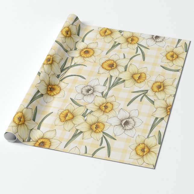 Botanical Daffodil Plaid Pattern Wrapping Paper (Unrolled)