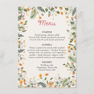 Botanical Daffodils Daisy Peony Flowers Wedding Menu