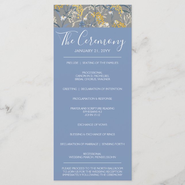 Botanical Daisy Floral Yellow & Navy Blue Wedding Program (Front)