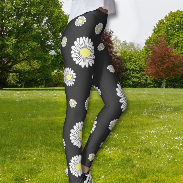 Botanical Daisy Flower Black Leggings (Daisy Flower Black Legging)