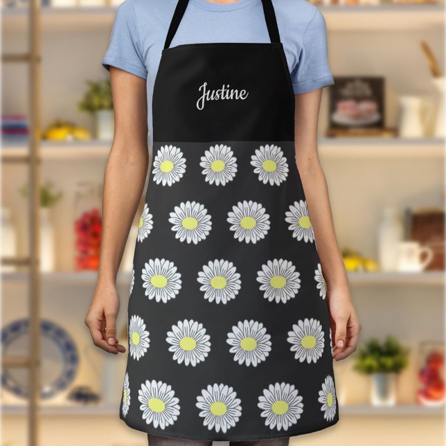 Botanical Daisy Flower Pattern Black Apron (Daisy Flower Black Apron)