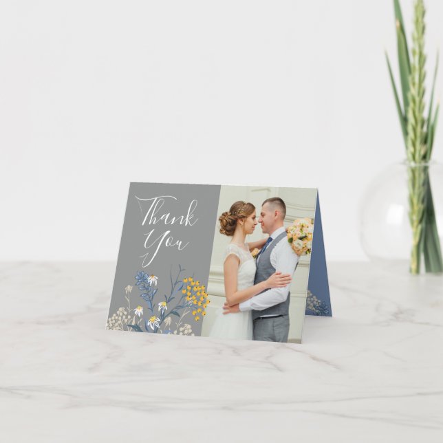 Botanical Daisy Yellow & Blue Wedding Thank You Card (Front)