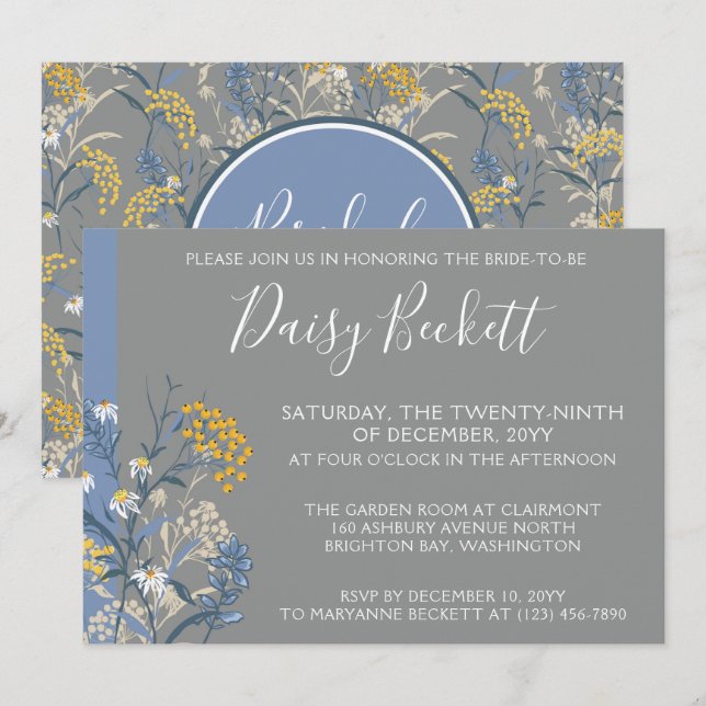 Botanical Daisy Yellow & Navy Blue Bridal Shower Invitation (Front/Back)