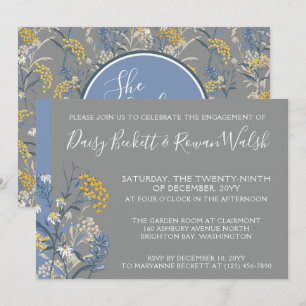 Botanical Daisy Yellow & Navy Engagement Party Invitation