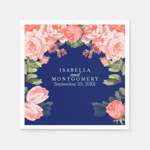 Botanical Dark Blue and Coral Flower Napkin