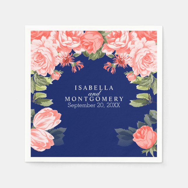 Botanical Dark Blue and Coral Flower Napkin (Front)