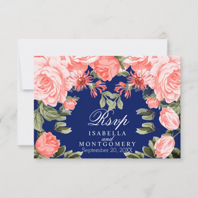 Botanical Dark Blue and Coral Flower - RSVP Card (Front)