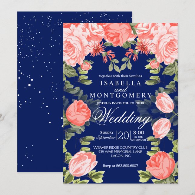 Botanical Dark Blue and Coral Flower - Wedding Invitation (Front/Back)