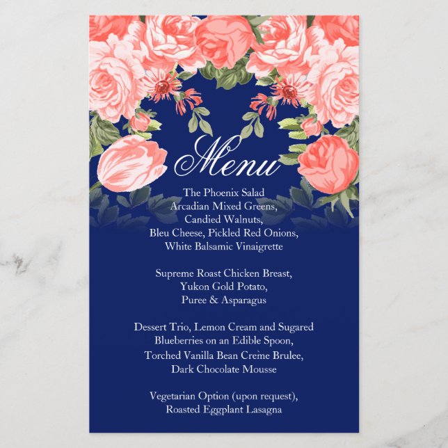 Botanical Dark Blue and Coral Flower Wedding  Menu (Front)
