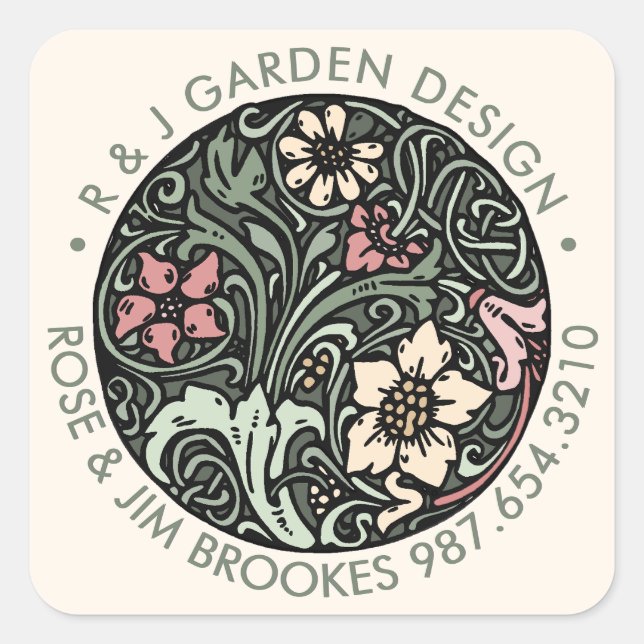 Botanical Design with Business Name and Phone   Square Sticker (Front)