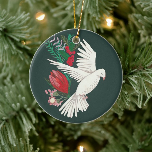 Botanical dove floral Christmas Ceramic Ornament (Tree)