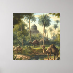 Botanical: dromedaries in the jungle near a river canvas print
