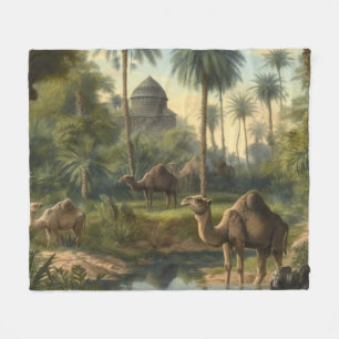 Botanical: dromedaries in the jungle near a river fleece blanket