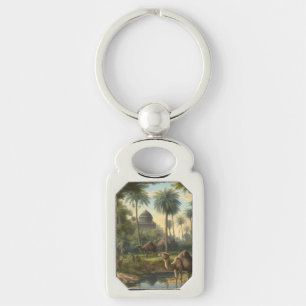 Botanical: dromedaries in the jungle near a river keychain