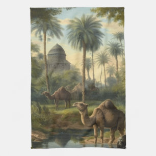Botanical: dromedaries in the jungle near a river kitchen towel