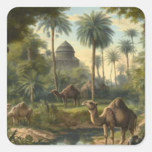 Botanical: dromedaries in the jungle near a river square sticker