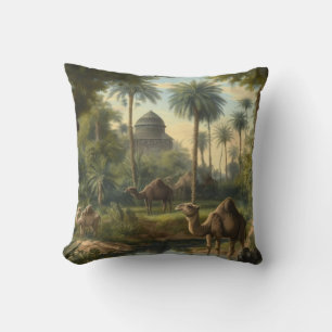 Botanical: dromedaries in the jungle near a river throw pillow