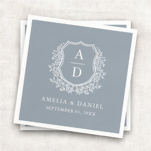 Botanical Dusty Blue Crest Wedding Monogram Napkin