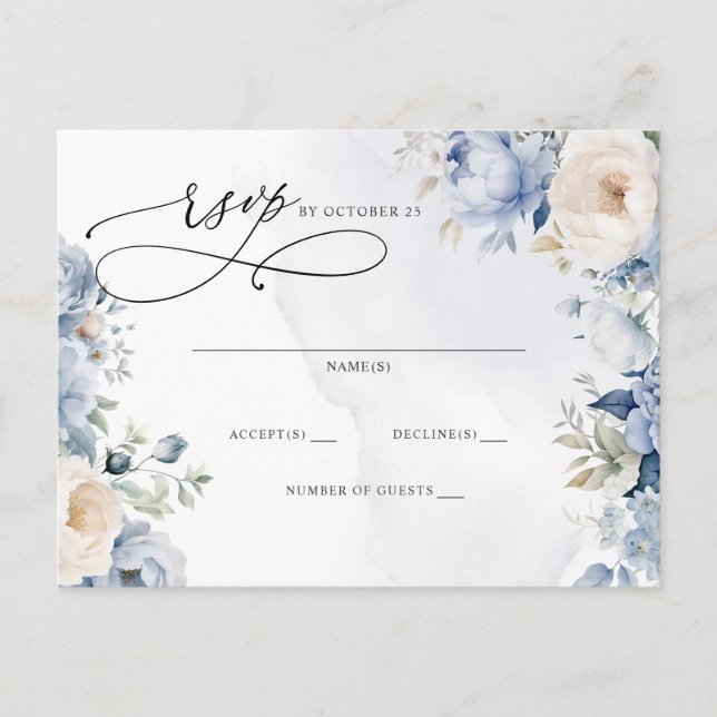 Botanical Dusty Blue Floral Wedding RSVP Postcard (Front)
