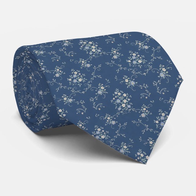 Botanical Dusty Blue & Flowers  Tie (Rolled)