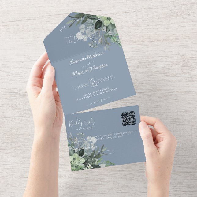 Botanical Dusty Blue QR Code Wedding All In One Invitation (Tearaway)