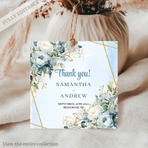 Botanical Dusty Blue White Floral Gold Wedding Tag