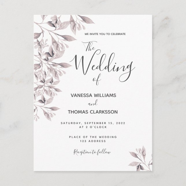 Botanical dusty rose script wedding invitation postcard (Front)