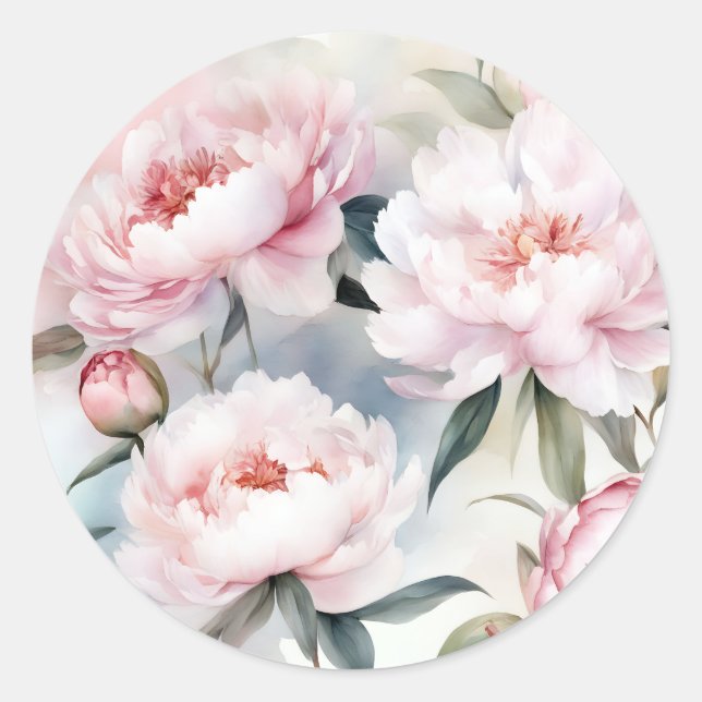 Botanical Elegance Pink Peonies Watercolor Classic Round Sticker (Front)