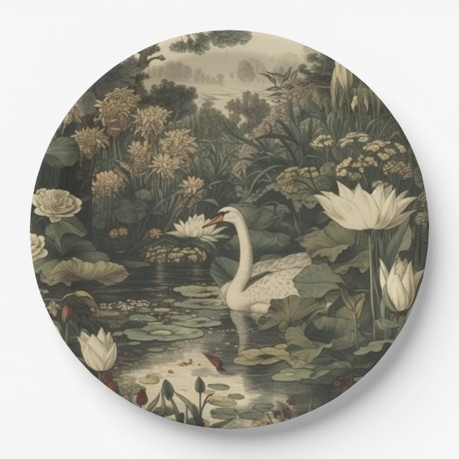 Botanical Elegance – Swan in the Forest Paper Plate (Front)