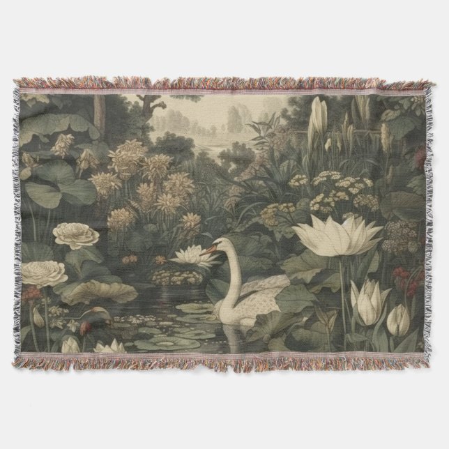 Botanical Elegance – Swan in the Forest Throw Blanket (Front)
