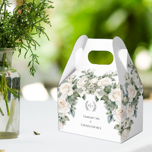 Botanical Elegance White Roses Monogram Wedding Favor Box