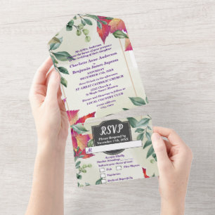Botanical Elegant  Fall Leaves Wedding All In One Invitation