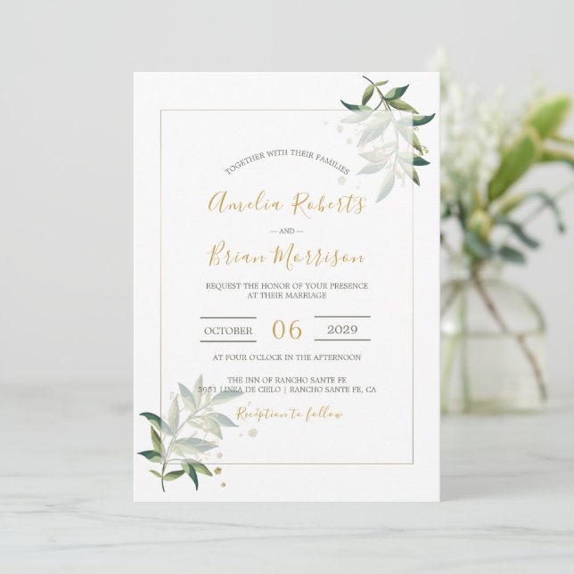 Botanical Elegant Greenery n Gold Floral Wedding 2 Invitation (Standing Front)