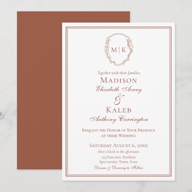Botanical Elegant Monogram Terracotta Drawn Crest Invitation (Front/Back)
