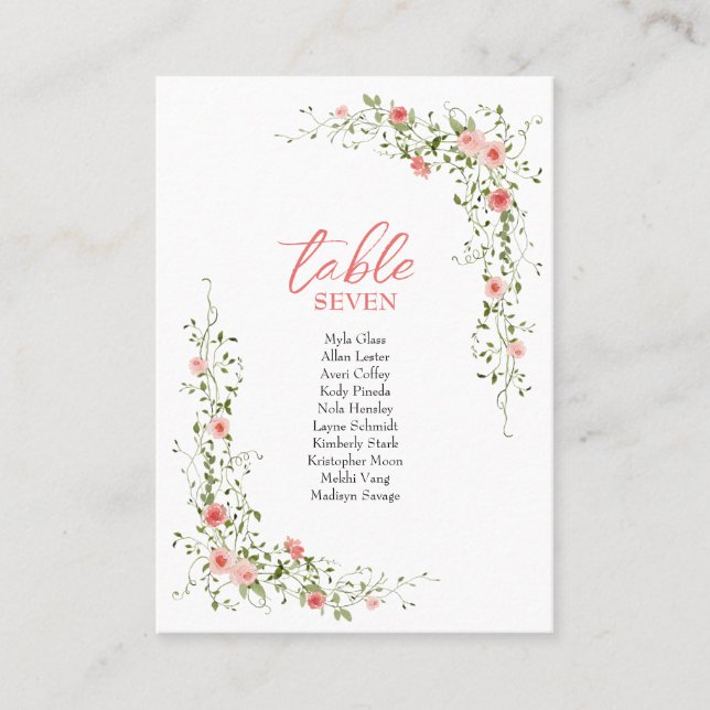 Botanical Elegant pink roses Script Wedding Place Card (Front)