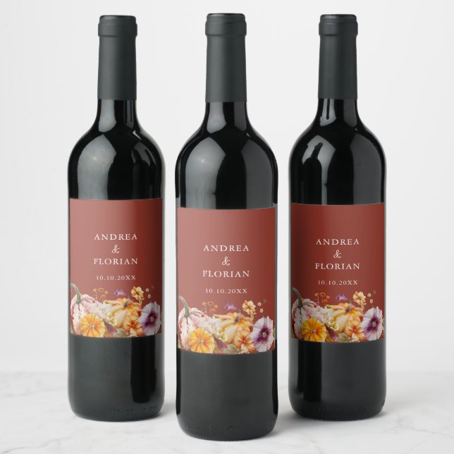 Botanical Elegant Pumpkins Wedding Keepsake Wine Label (Bottles)