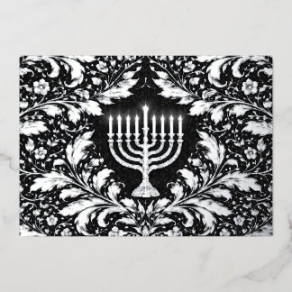 Botanical elegant silver menorah Hannukah Foil Holiday Card